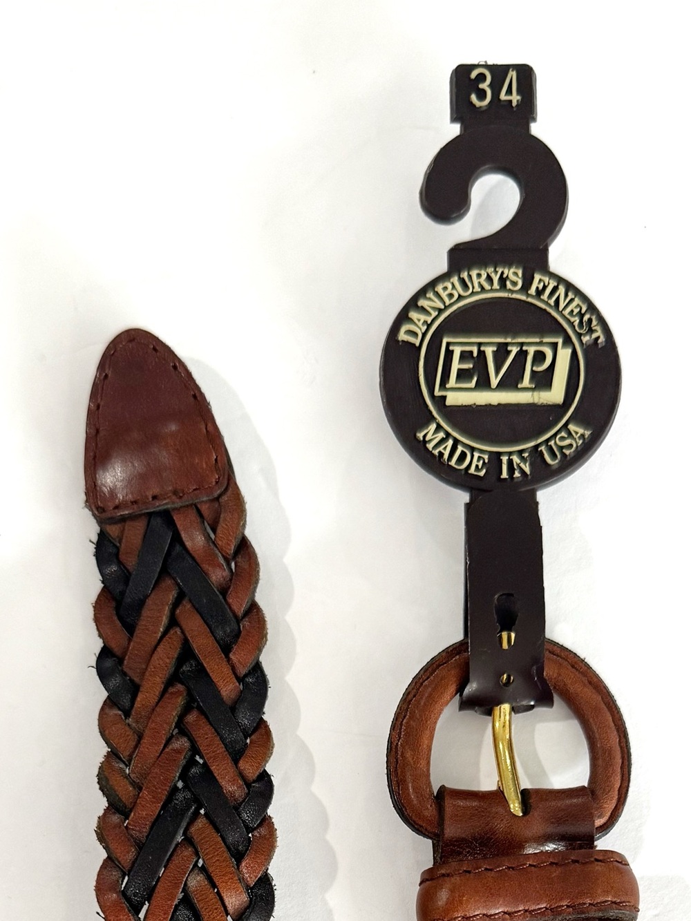 Vintage Danbury's Finest Leather Brown Black Braided Belt Mens Size 34